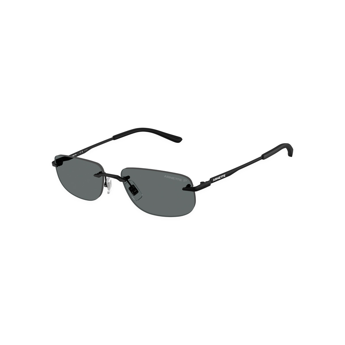 Minimalist rimless Arnette sunglasses with lightweight dark grey lenses