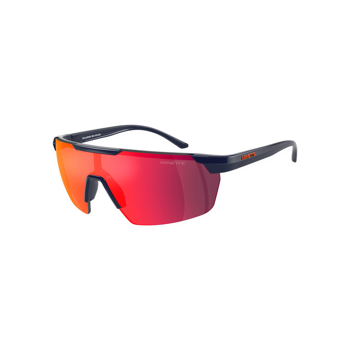 Futuristic wrap around shield style Arnette sunglasses with bright fire red lenses