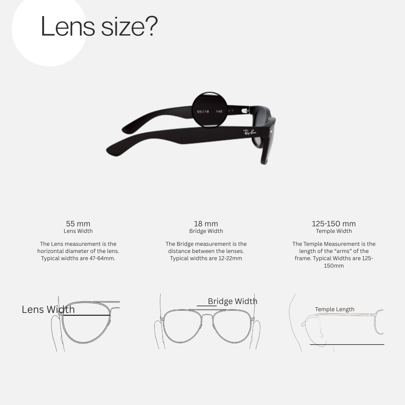 Lens width, bridge width and temple length measurements explained